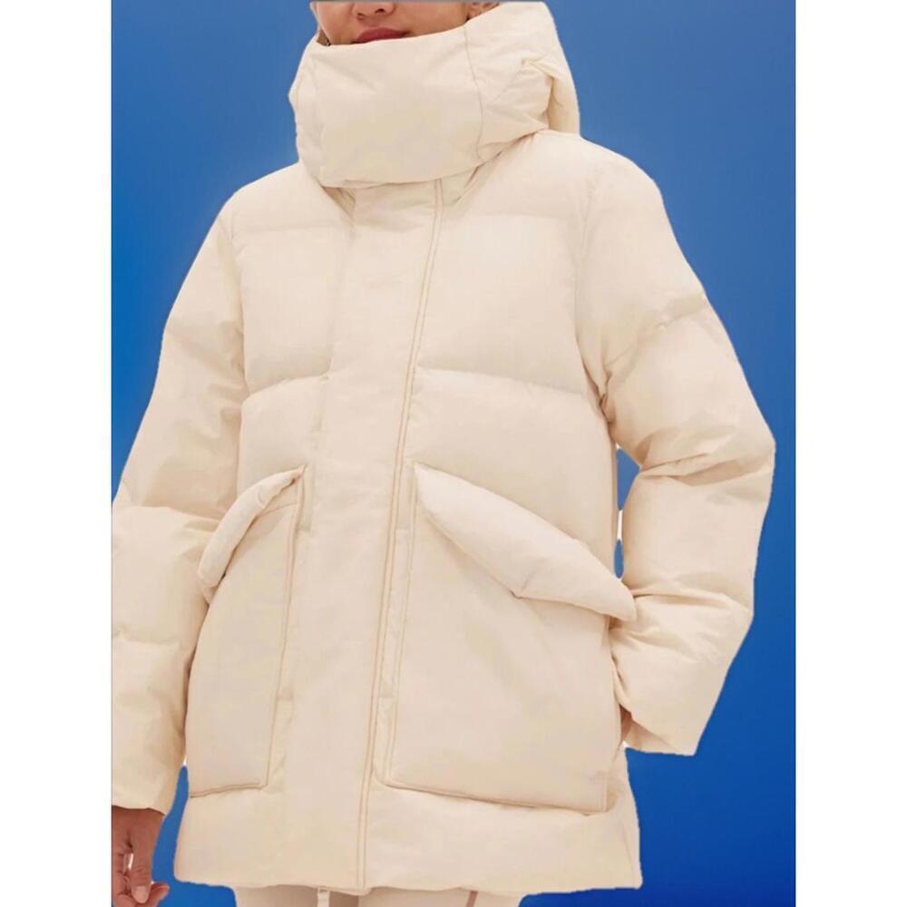 Halfdays Womens Wheeler Parka Puffer Jacket Oatmilk Hooded Relaxed Ski Snow L